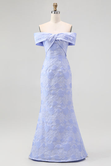 Floral Blue Mermaid Off the Shoulder Long Bridesmaid Dress